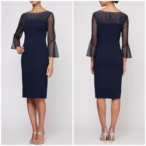 New Alex Evenings Beaded Neckline Sheath Dress Illusion Sleeves Blue Sz 6